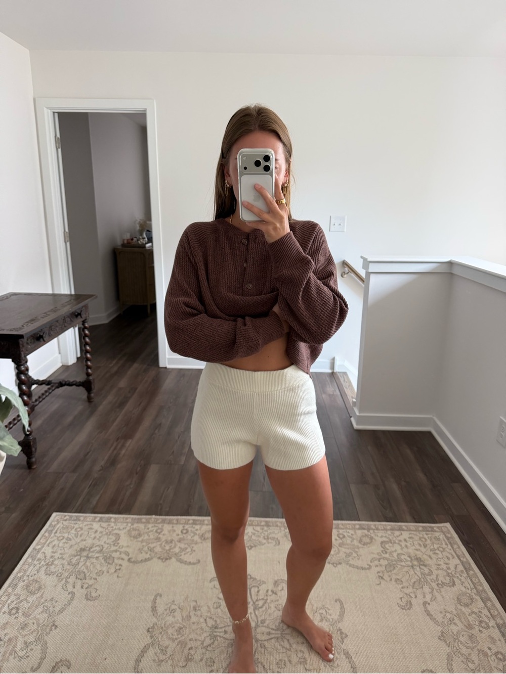 High-Waist Cream Knit Lounge Shorts